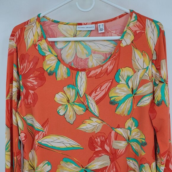 Susan Graver Asymmetrical Hem Coral Floral Flower Beachy Boho 3/4 Sleeve Shirt M - Picture 6 of 9